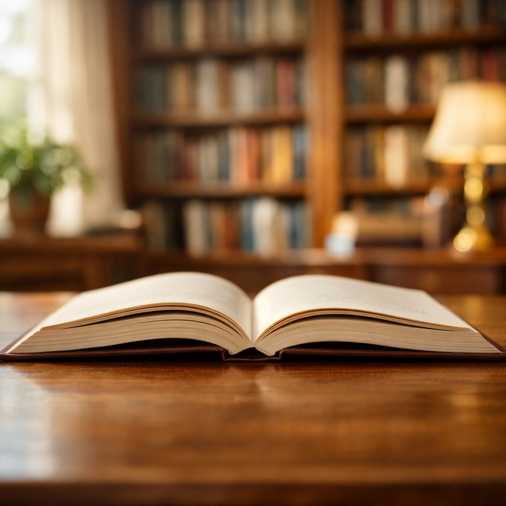 Open Hardcover Book on Wooden Table in Bright Library