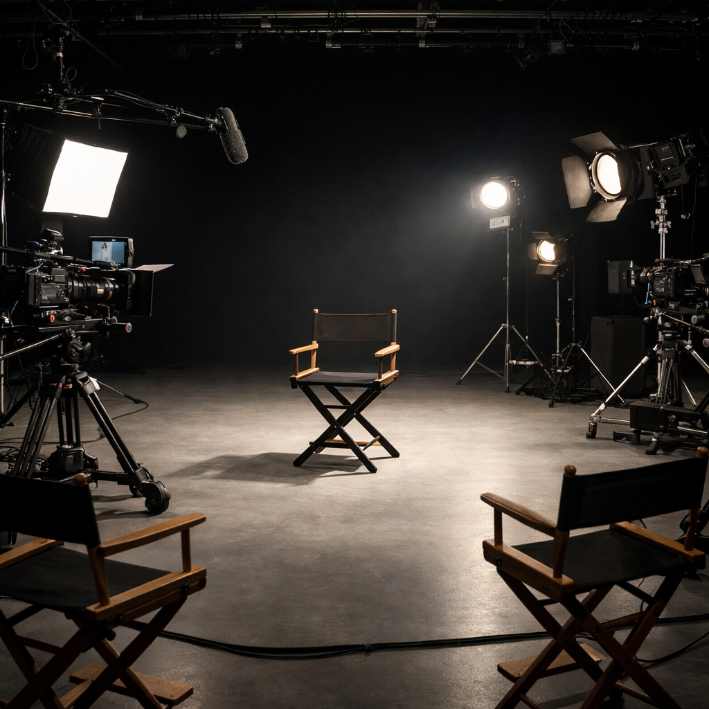 Professional Video Studio Set with Empty Chair and Dark Background-1